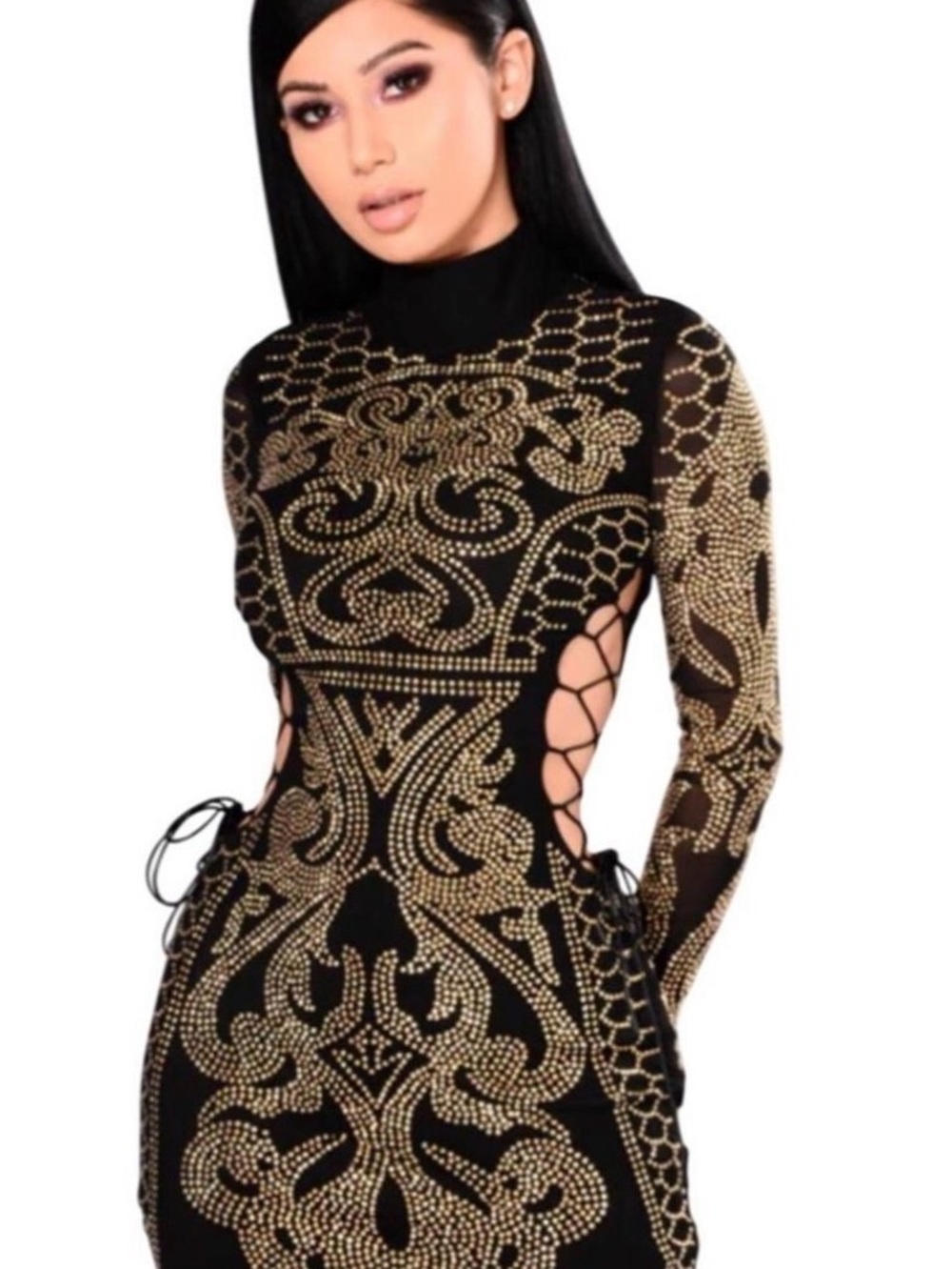 Fashion Nova Black Long Sleeve Cutout Dress with Gold Studded Detailing